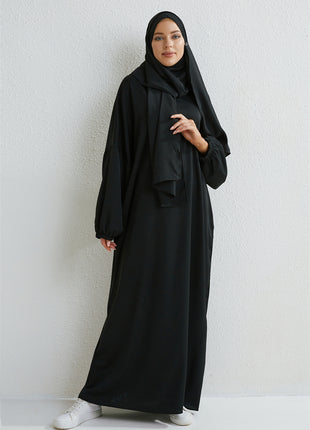 Muslim Abaya Prayer Dress One-piece Hooded Smocking Sleeve Islamic Clothing Women Jilbab Dubai Saudi Black Robe Turkish Modesty