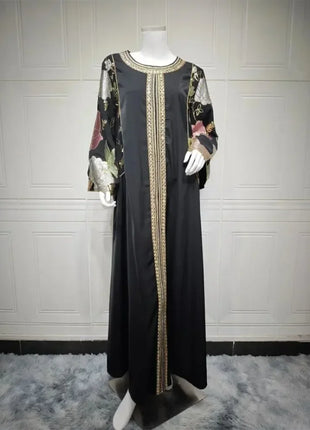 Ramadan Muslim Women's Gold Stamping Petal Sleeve Abaya O-Neck Stripe Dubai Dresses For Women Gala