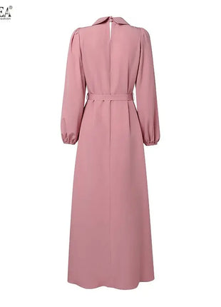 Elegant Muslim Dress Abaya ZANZEA Women 2025 Autumn Dresses Long Lantern Sleeve Pleated Sundress Belted Robe Femme Party Vestido