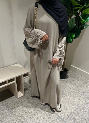 Eid Modest Dress for Women Abaya Lace-up Sleeve Morocco Party Dresses Ramadan Vestidos Largos Kaftan Islam Dubai Arab Long Robe