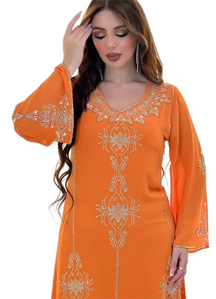 Women's Long Sleeve Polyester Abaya — Diamond Detail V-Neck Dress