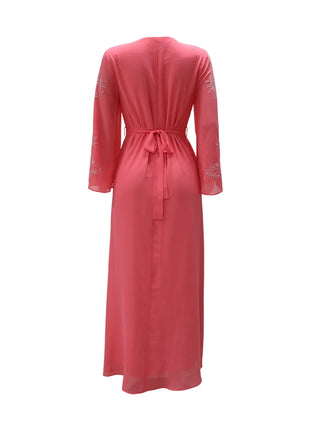 Women's Long Sleeve Polyester Abaya — Diamond Detail V-Neck Dress
