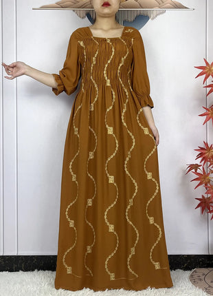 New African Abaya Women Elegant Dress Collect Waist Straight Cotton Embroider Dress Loose Caftan Femme Clothing Islamic Dresses