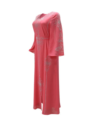 Women's Long Sleeve Polyester Abaya — Diamond Detail V-Neck Dress