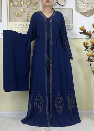 2024 Muslim Abaya For Women Long Sleeved Chiffon Diamonds Loose Fit Femme Robe Islam Maxi Dubai Fashion Party Dresses With Scarf