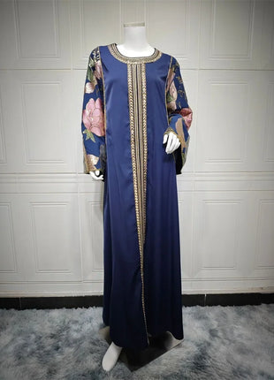 Ramadan Muslim Women's Gold Stamping Petal Sleeve Abaya O-Neck Stripe Dubai Dresses For Women Gala