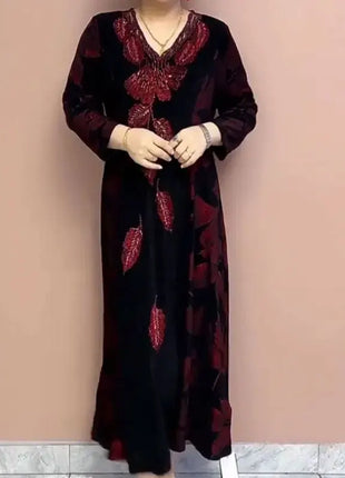 Female Clothing Elegant V-Neck Dresses Autumn Winter Casual A-Line Waist Vintage Printing Commute Fashion Diamonds Long Dress