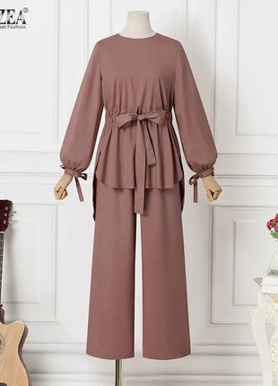 ZANZEA Muslim Women Matching Sets Long Sleeve Solid Color Tops And Loose Pant Suits Elegant Fashion Casual Tracksuit Kaftan 2025