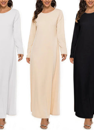 Women's Muslim Basic Liturgy  Abaya Long Sleeve Inner Cloth Round Neck Ladies Dress Middle Eastern Dubai Turkey Solid Daily Robe