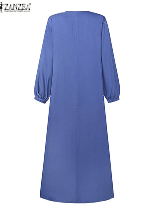 ZANZEA Women Vintage Muslim Abaya Dress 2024 Autumn Sundress Casual Long Sleeve Solid Maxi Long Vestidos Kaftan Islamic Clothing