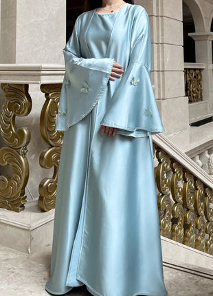 Muslim Women Abaya Dress 2 Piece Set Butterfly Satin Lace-up Morocco Caftan Inner Dress Musulman Ensembles Cadigan Outfit Suits