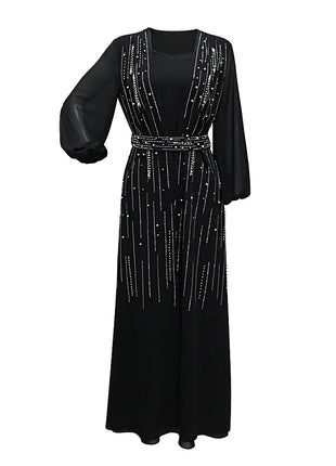 Women Long Loose Maxi Dress Muslim Dubai Women's Clothing Hot Diamond Belt Robe Dinner Dress