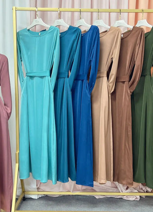 Fashion Sliky Djellaba Muslim Dress Dubai Full Length Flare Sleeved Soft Abaya Dubai Turkey Muslim Islam Robe WY921