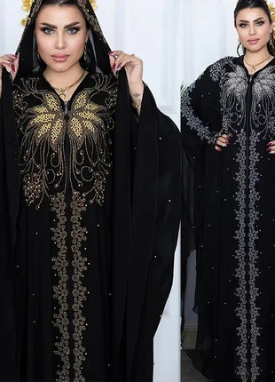 Fashion Casual Muslim Dresses Kaftan Large Size Abayas for Women Dubai Hooded Long Dress Loose Batwing Sleeve Islamic Clothing