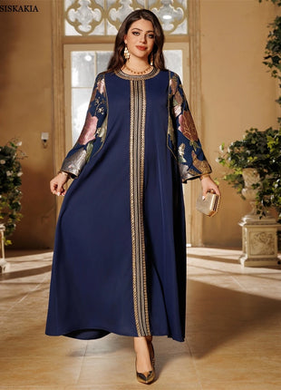 Siskakia Ramadan Muslim Women's Gold Stamping Petal Sleeve Abaya O-Neck Stripe Dubai Dresses For Women Gala