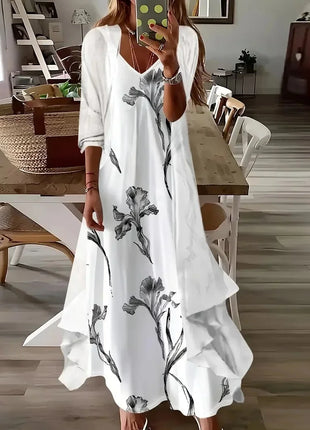 Independent Stand Floral Print Women's Dress Two-Piece Set Short Sleeve Ankle-Length Polyester Fiber Regular Waist Line