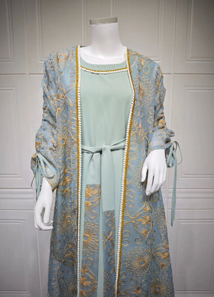 Eid Muslim Abayas for Women Party 2 Piece Set Embroidery Cardigan Robe Lace Up Dress Morocco Kaftan Islam Ramadan Dubai Vestidos