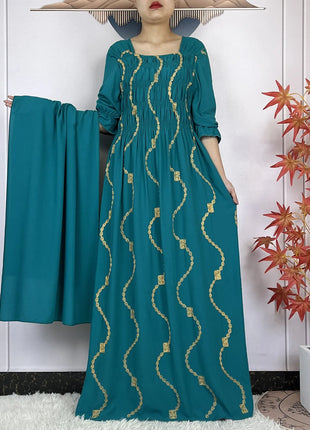 New African Abaya Women Elegant Dress Collect Waist Straight Cotton Embroider Dress Loose Caftan Femme Clothing Islamic Dresses