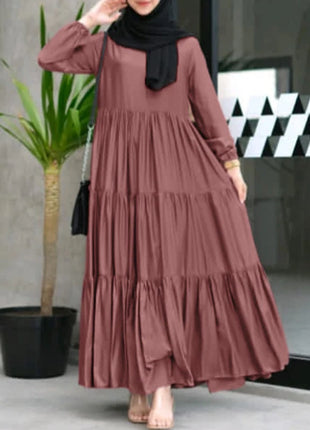 ZANZEA Muslim Fashion Tiered Long Dresses Women Islamic Hijab Style Casual Long Sleeve O Neck Maxi Vestidos Solid Abaya Robes