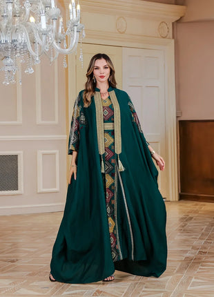 Eid Muslim 2 Piece Set Women Embroidery Dresses Open Abaya Suit Jalabiya Ramadan Dubai Kaftan Party Vestidos Cardigan Robe 2025