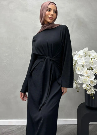 2025 Fashion Dubai Solid Belt Long Dresses For Muslim Woman Elegant Casual Marocain Islam Saudi Plain Caftan Turkish Clothing
