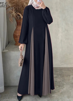ZANZEA Women Color Block Patchwork Maxi Dress Fake Two-Piece Islamic O Neck Muslim Long Dresses Long Sleeve 2024 Fall Abaya Robe