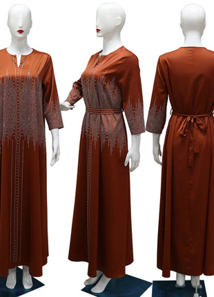 Muslim Satin Dress for Women Fashion Diamond Evening Dress Abaya Dubai Dinner Robe Muslim Dress Women Clothes for Muslim Women