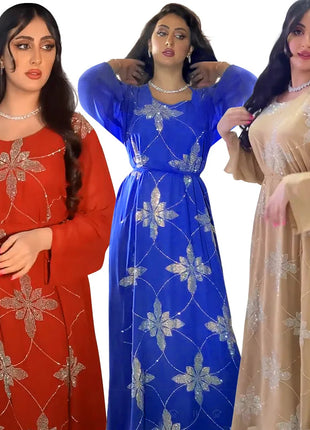 Eid Morocco Party Dress Women Muslim Abaya Diamond Ramadan Chiffon Dubai Abayas Kaftan Elegant Robe Vestidos Turkey Gown 2023