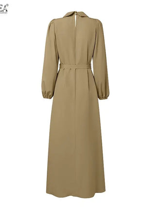 Elegant Muslim Dress Abaya ZANZEA Women 2025 Autumn Dresses Long Lantern Sleeve Pleated Sundress Belted Robe Femme Party Vestido
