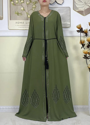 2024 Muslim Abaya For Women Long Sleeved Chiffon Diamonds Loose Fit Femme Robe Islam Maxi Dubai Fashion Party Dresses With Scarf