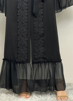Fashion Lace Stitching Muslim Abaya Dubai Full Length Flare Sleeve Lace Abaya Dubai Turkey Muslim Islam Robe With Belt WY1391