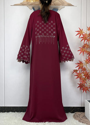 New Muslim Fashion Women Dress Chiffon Diamond Long Sleeves Casual Clothing African Abaya Women Robe Dubai Turkey Islamic Robe