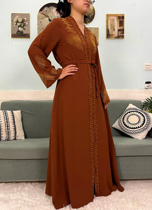 Muslim Chiffon Abayas For Women 2024 Dubai Islam Loose Fit  Femme Robe Long Sleeved Diamond Studded Solid Color With Belt Turban