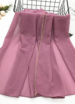 High Quality Rhinestone Chain Pearl Chiffon Long Scarf Hijabs Elegant Dubai Muslim Womens Party Wrapped Turban Shawls Headwear