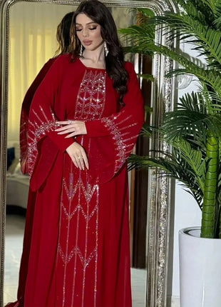 Eid Muslim Party Dress for Women Fake 2 Piece Diamond Ramadan Abaya Belt Flare Sleeve Kaftan Vestidos Largos Dubai Robe Jalabiya