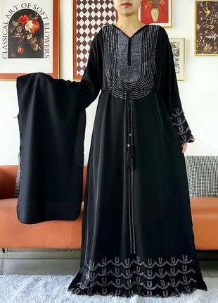 New 2025 Dubai Diamonds Muslim Women Modest Dress Elegant Arabic Femme Hijab Long Sleeve Chiffon Abaya Islamic Turkey Clothing