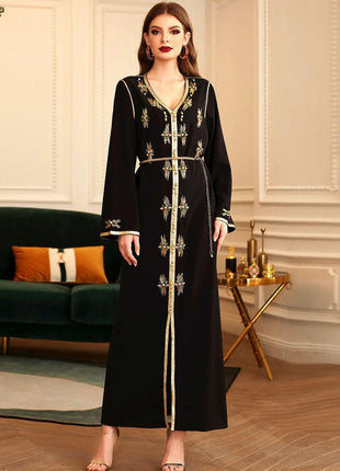 Ramadan Luxury Muslim Fashion Bat Sleeve Moroccan Turkiye Dubai Dress Middle East Arab Dress Sequins Golden Velvet Long Dress