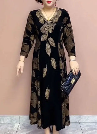 Female Clothing Elegant V-Neck Dresses Autumn Winter Casual A-Line Waist Vintage Printing Commute Fashion Diamonds Long Dress