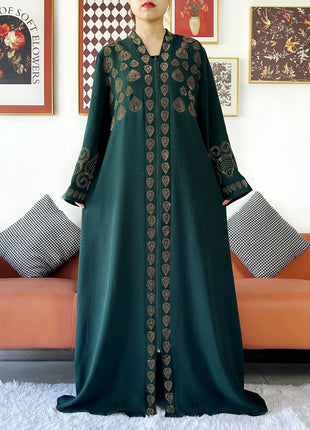 2024 Women Party Dress Chiffon Open Abaya Golden Stones Muslim Women Dress Islamic Clothing Cardigan Abaya Women Muslim Dress