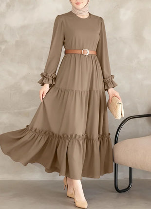 ZANZEA Women 2026 Spring O Neck Long Sleeve Dresses Elegant Muslim Abaya Dress Ramadan Robe Stylish Flounce Maxi Dresses Kaftan