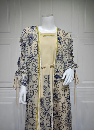 Charming Light Blue Two Piece Abaya Set Gold Patterned Outer Robe Belted Mint Inner Dress for Islamic Ramadan in the MIddle East