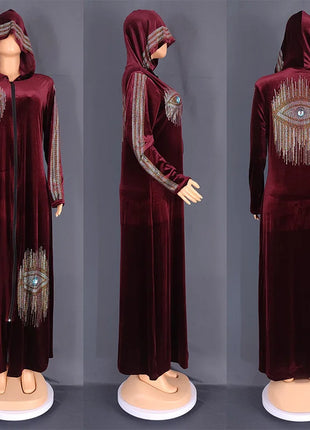 Women's Long-Sleeve Hooded Robe Korean Velvet Rhinestone Dress