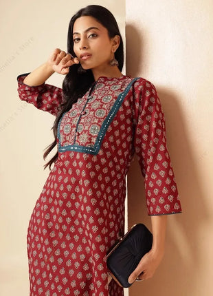 Spring Summer Women's Ethnic Maroon Floral Print Kurta Indian Tunic Top Long Kurti Dress Boho Chic Thin Daily Wear