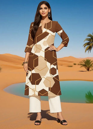 Muslim Dress Kurtta Women Fashionable And Elegant National Style Straight Tube Casual Round Neck Colorful Elephant Pattern Dress