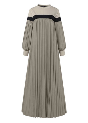 ZANZEA Autumn Women Muslim Dress Turkey Abaya Elegant Long Lantern Sleeve Patchwork Sundress Pleated Vestidos Islamic Dubai Robe