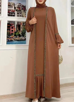 Muslim Women Hijab Dress 2 Piece Set Eid Lantern Sleeve Maxi Long Dress Islamic Clothing Caftan Kimono Big Swing Abaya Dresses