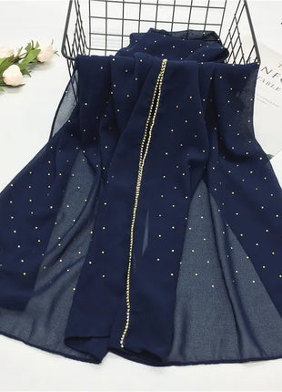 High Quality Rhinestone Chain Pearl Chiffon Long Scarf Hijabs Elegant Dubai Muslim Womens Party Wrapped Turban Shawls Headwear