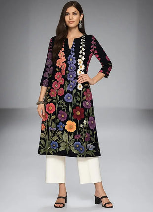 Dress Kurtta Women's Fashionable Straight Tube Casual Bright Flowers Patterns Robe Arabe Robe Traditionnelle Arabe Muslim