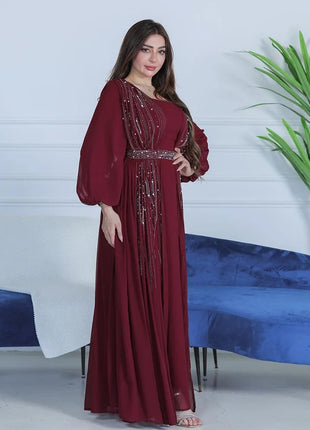 Women Long Loose Maxi Dress Muslim Dubai Women's Clothing Hot Diamond Belt Robe Dinner Dress