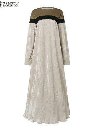 Fashion Autumn Long Sleeve Pleated Sundress 2024 ZANZEA Muslim Abaya Robe Femmme Women Patchwork Maxi Dresses Casual Vestidos